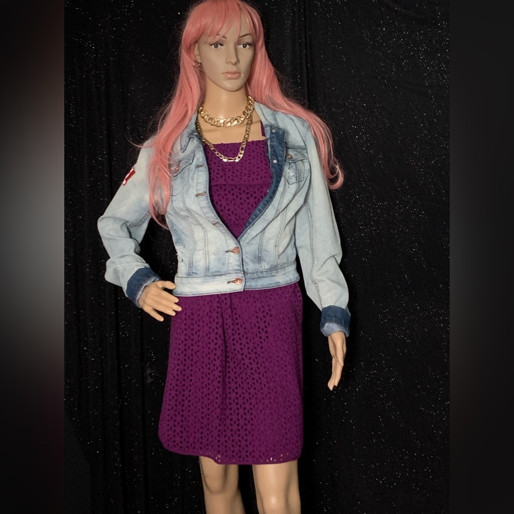 Purple eyelet lace summer dress with adjustable tie up straps